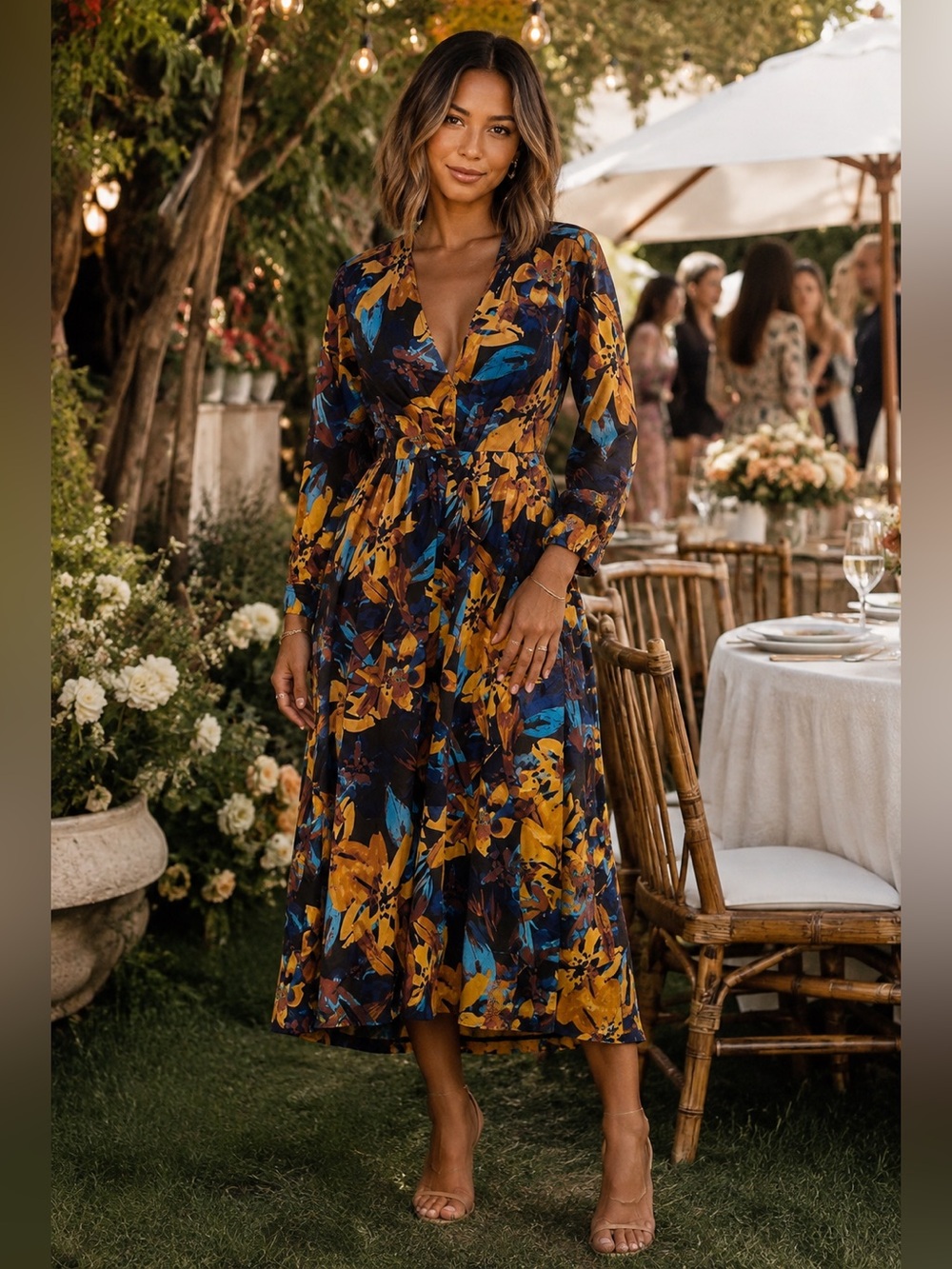 Marissa Webb Navy Wrap Midi Dress with Yellow & Blue Floral Print